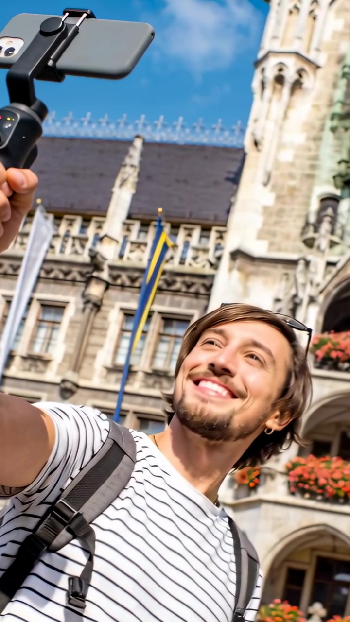 Video verticale: Uomo con lo zaino in maglietta a righe che alza il telefono su un gimbal, inquadrando un monumento in piazza.