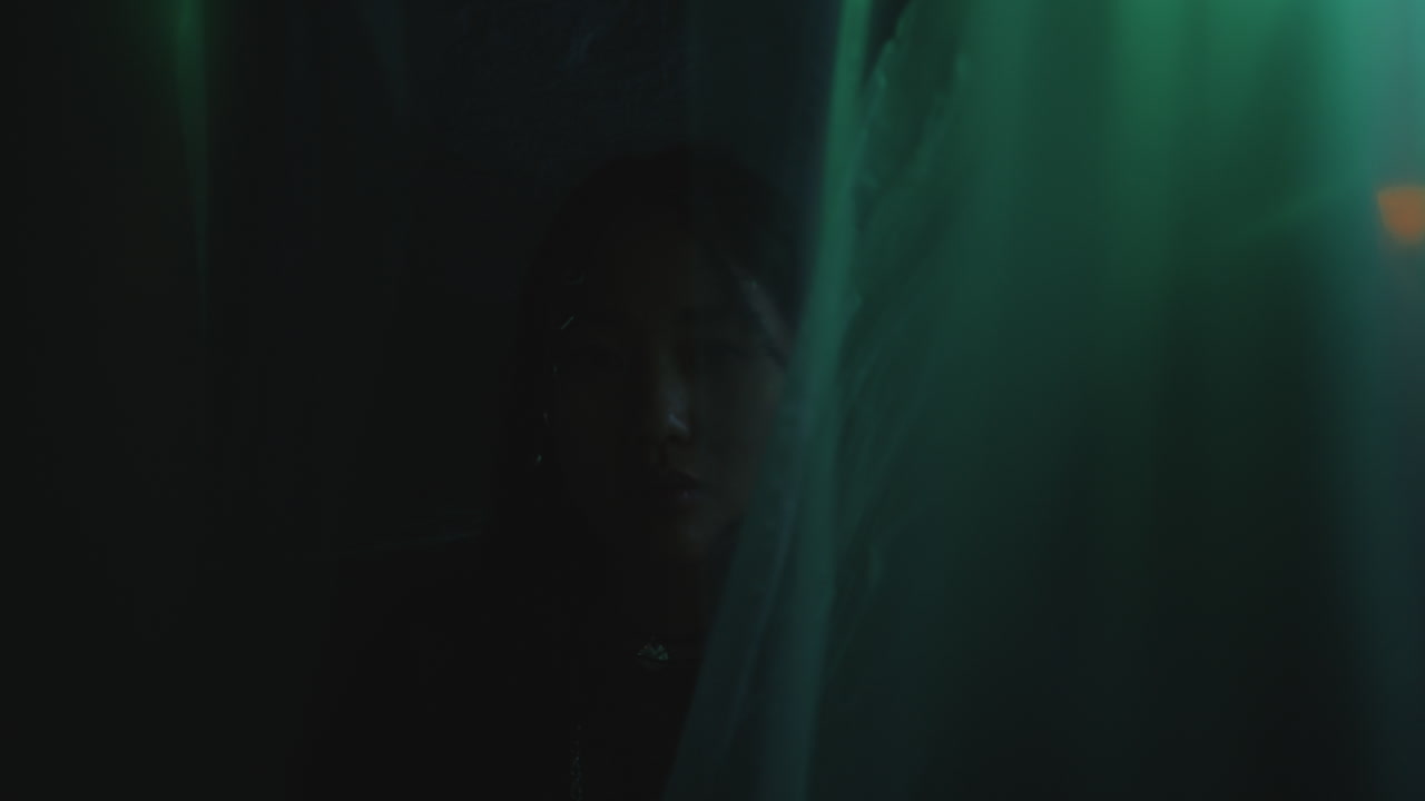 Portrait of Beautiful Asian Girl Smiling at Camera among Cellophane Curtains