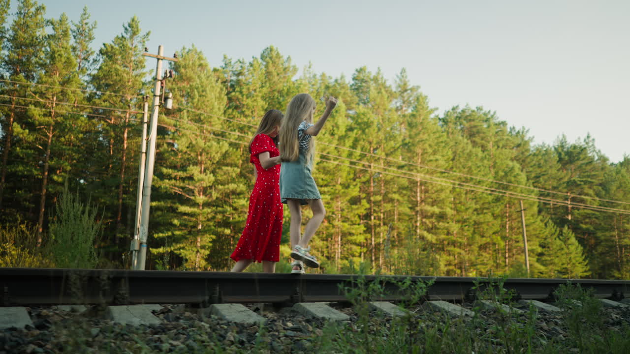 girl balancing on rail beam with arms raised while mum walks closely behind watching her steps in rural forest setting with power poles and sunlit greenery