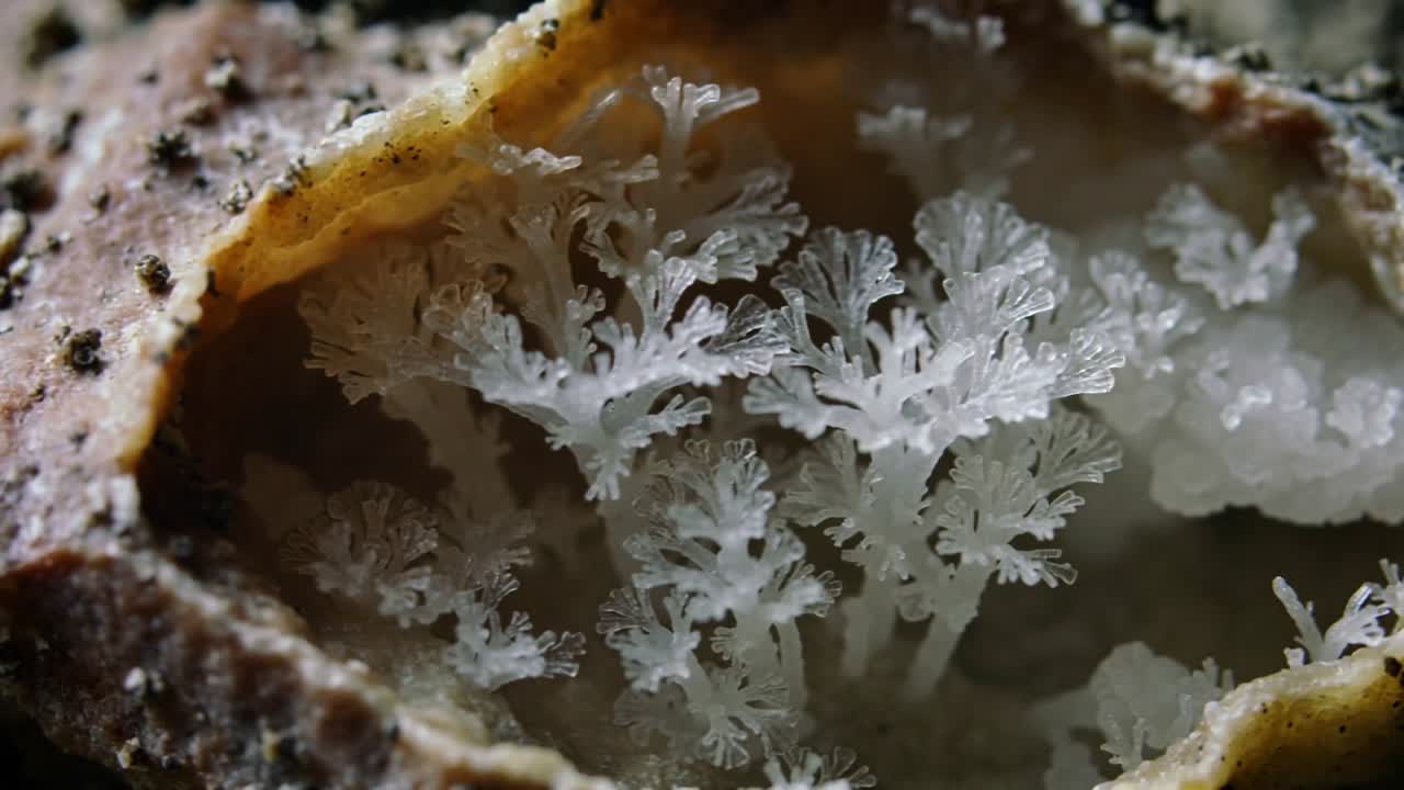 Afastando-se, câmera macro revelando mais detalhes de ramificações de cristal branco e borda marrom na cavidade.