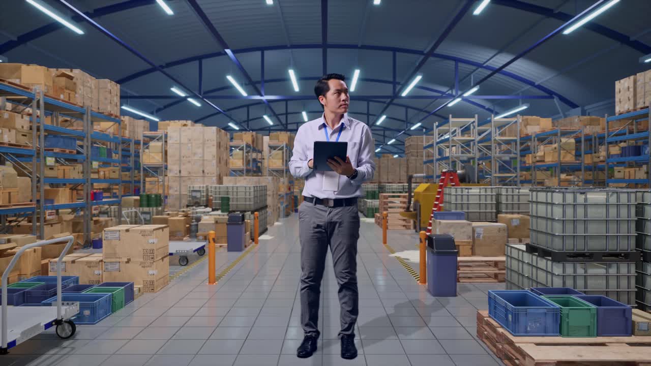 Lavoratore professionista asiatico a figura intera e di profilo in un magazzino con file di scaffalature, osserva guardando in alto prima di concentrarsi sul tablet e continuare a digitare.