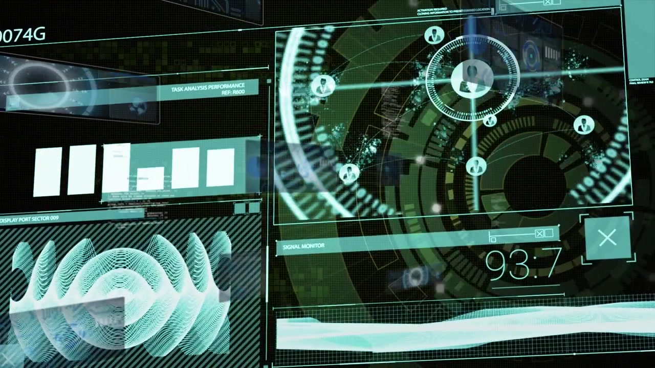 Animation of data with profile icons, graph over hud processing on digital interface