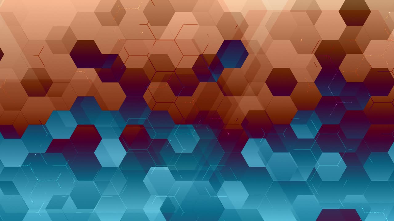 Loopable abstract geometric background of honeycomb pattern of overlapping hexagonal shapes, dynamic color gradient transitioning from warm orange and brown to cool teal and blue