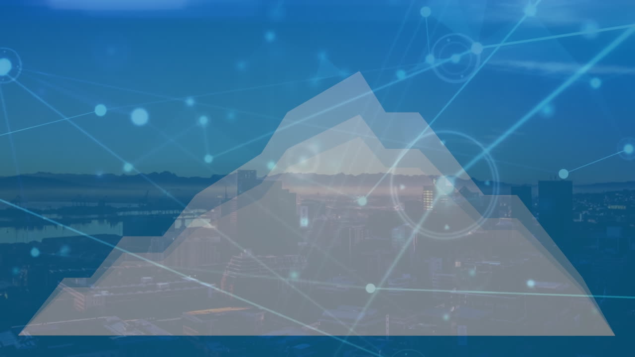 도시 풍경의 공중 전망에 대한 연결 네트워크와 데이터 처리의 애니메이션