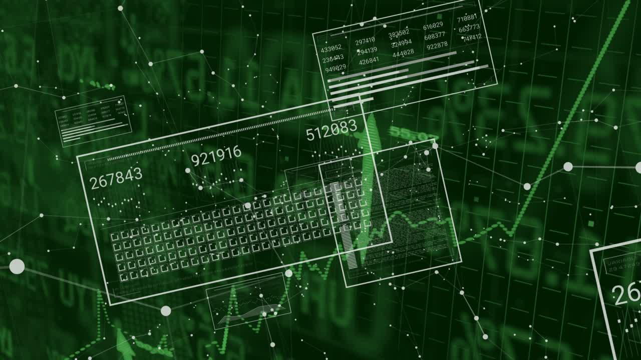 Startende grønne netværksknuder, flydende paneler med glidende etiketter, der opdaterer en stigende pil, visualiserer vækst.