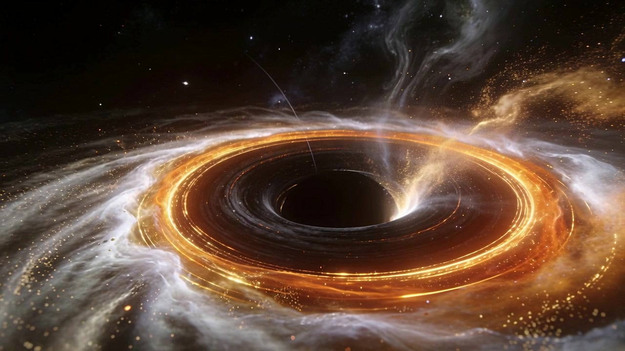Disco di accrescimento luminoso rotante che alimenta gas verso l'interno sotto la gravità verso un nucleo scuro con scintille.