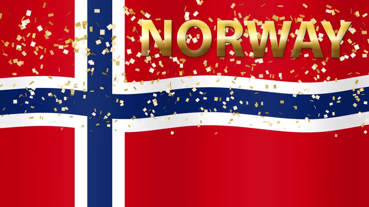 Animerad norsk nationalflagga vajar bakom guldfärgad text och fallande glitterpartiklar