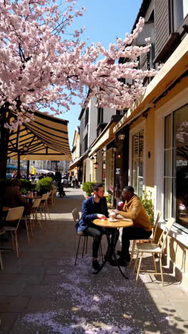 people enjoying the outdoor cafe under cherry blossoms on a sunny street
