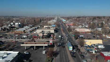 a drone pan over a busy street south of denver colorado