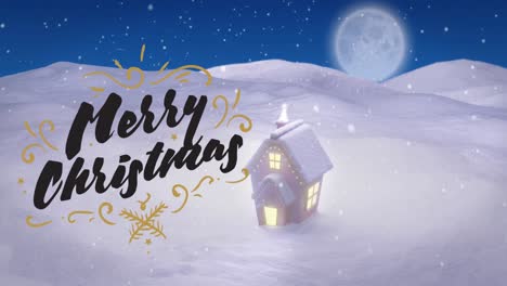 Animación-Del-Texto-De-Saludos-Navideños-Sobre-Luna-Llena,-Nieve-Y-Casa-En-Un-Paisaje-Invernal