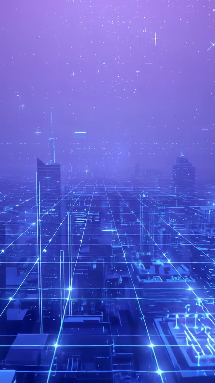 Vertical video: Time lapse pulsing light traveling along neon grid plane, with glowing nodes