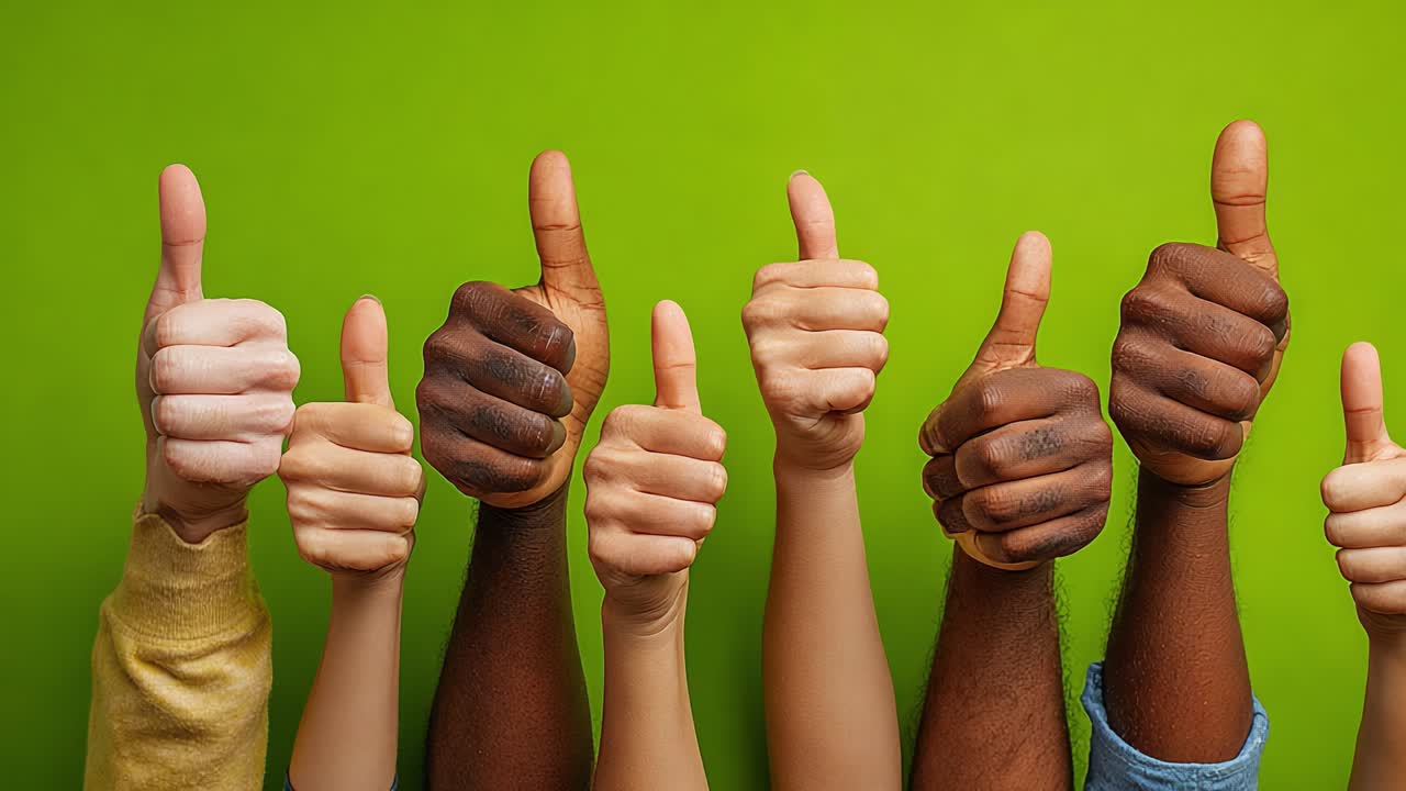 Un despliegue colectivo de gestos de aprobación con el pulgar hacia arriba sobre un vibrante fondo verde: simboliza positividad, acuerdo y apoyo en una escena unificadora