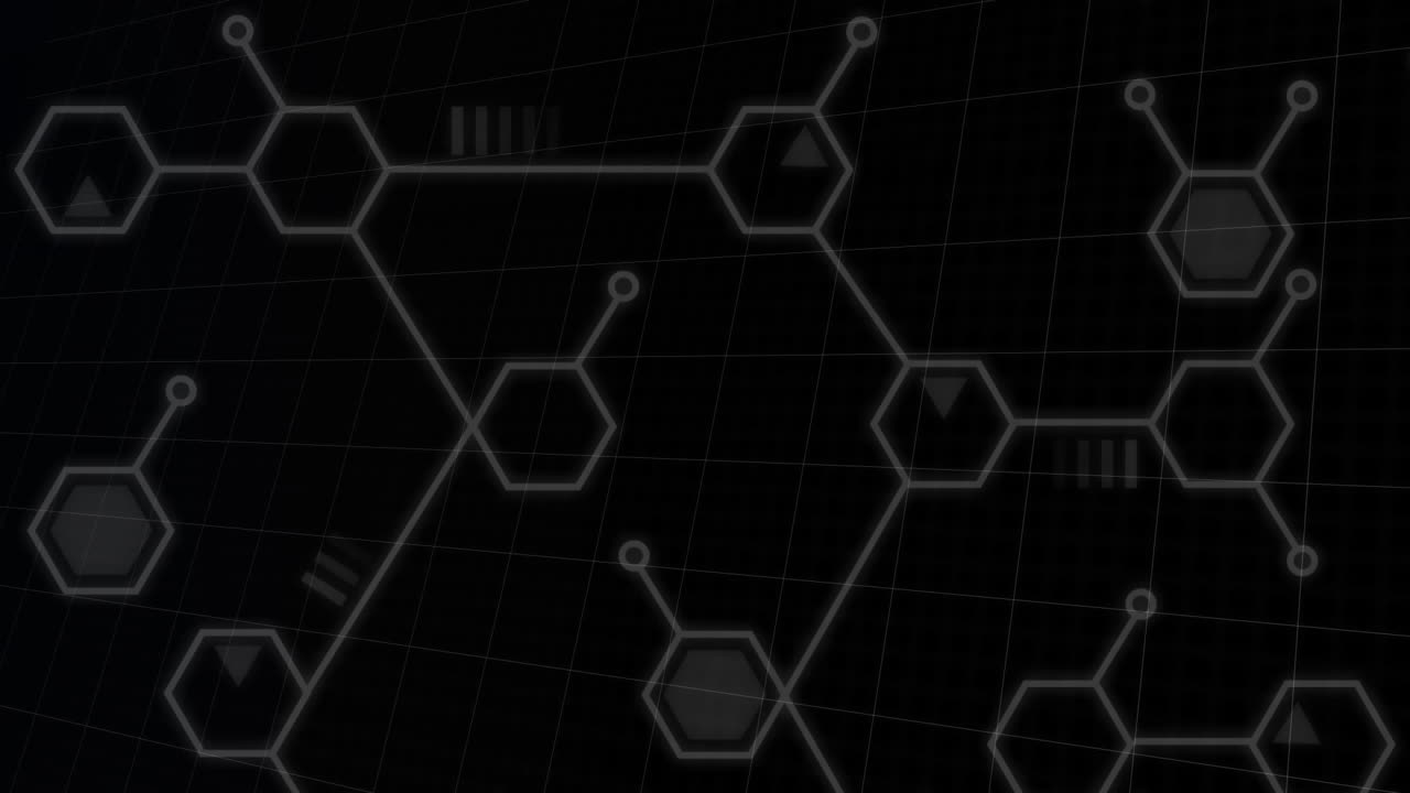 Digital animation of multiple molecular structures floating against black background