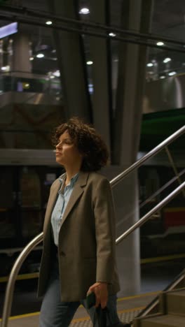 woman walking down stairs in a train station