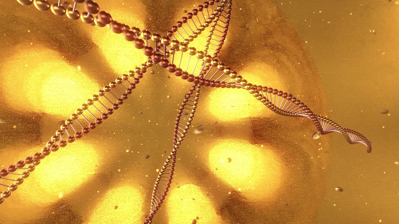 dna 분자의 소용돌이와 함께 황금 기하학적 배경 3d 렌더링 루프 4k