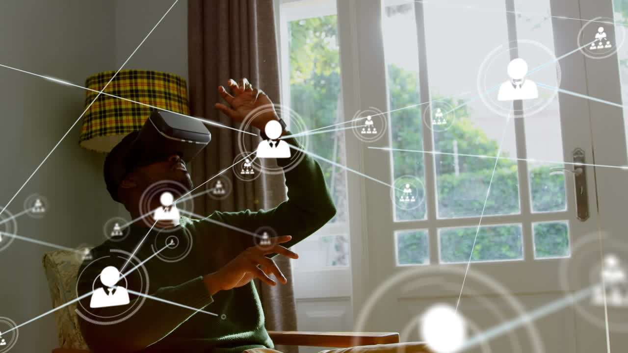 Animation af netværk af forbindelser med ikoner over mand med VR-headset
