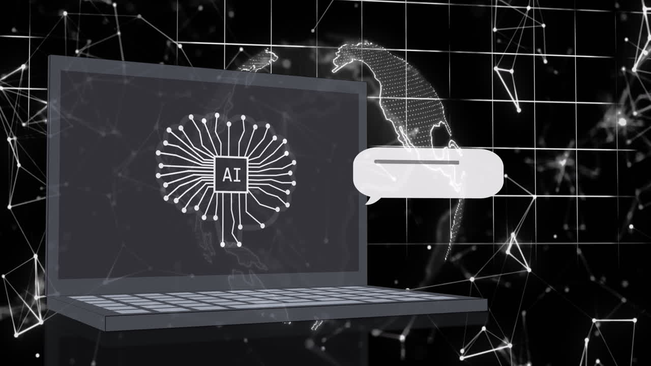 Animation of ai chat and data processing over laptop and grid