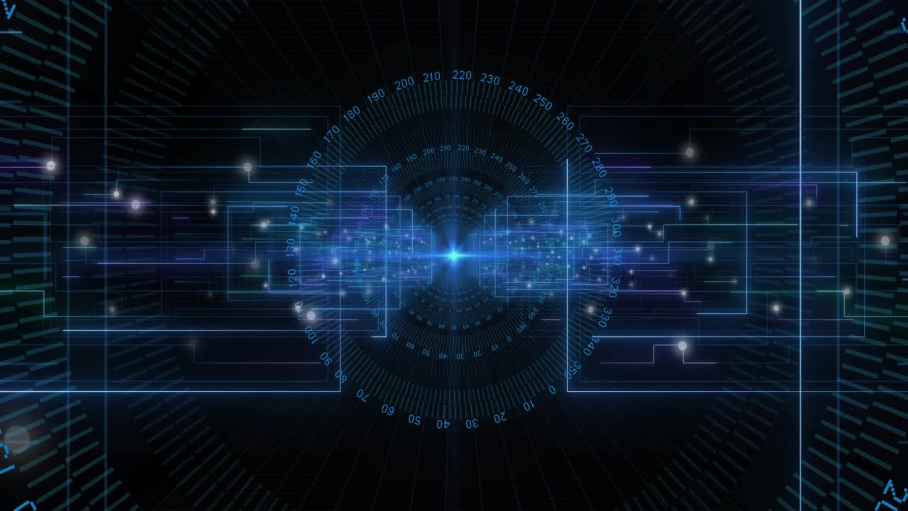 Central blue flare igniting HUD rings expanding panels sliding glyphs scrolling showing data flow