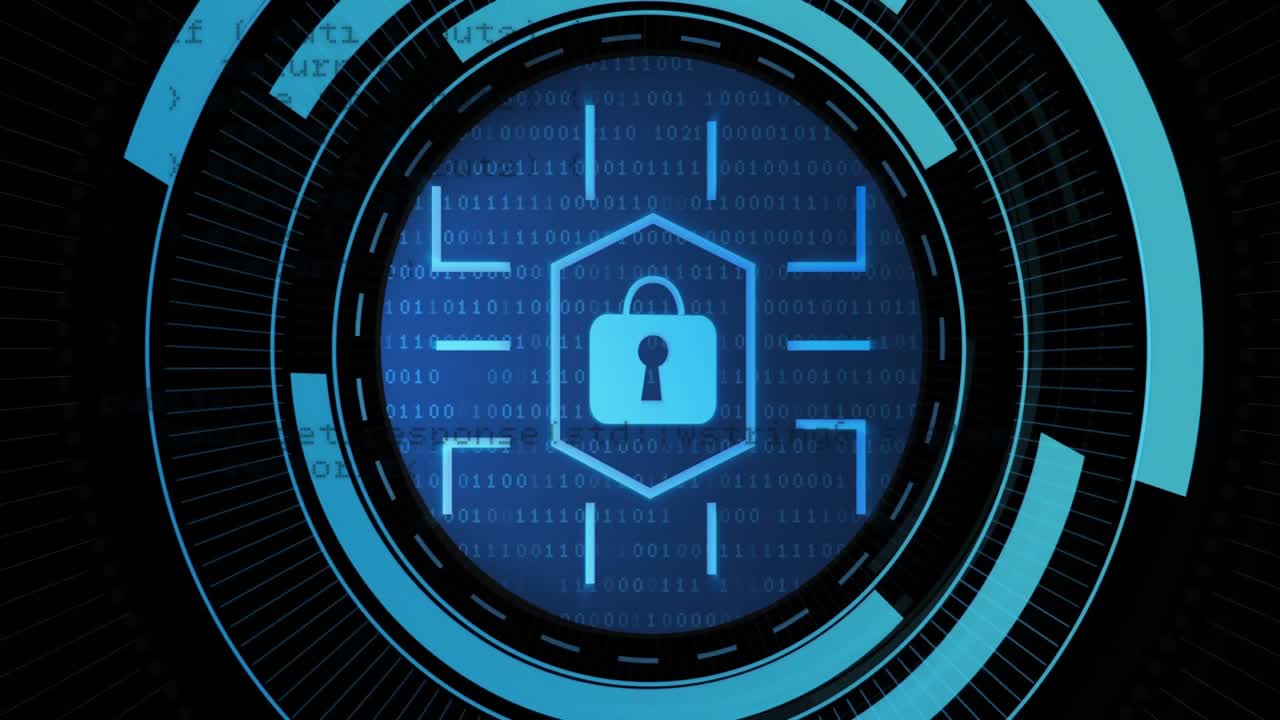 Swirling dots spiraling forming rings and hexagon revealing lock icon scrolling binary security HUD