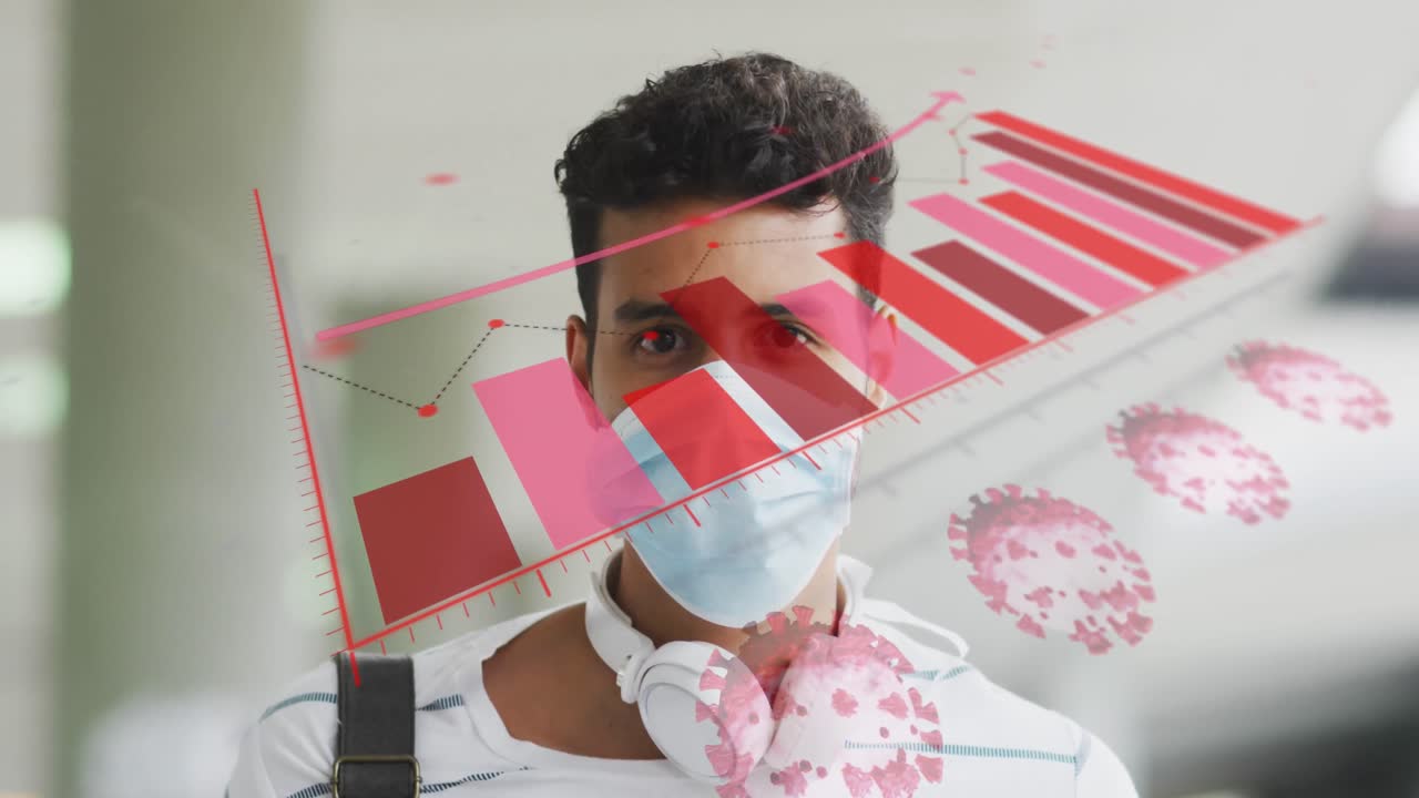 animación de células de virus sobre hombre latino con máscara facial en la calle