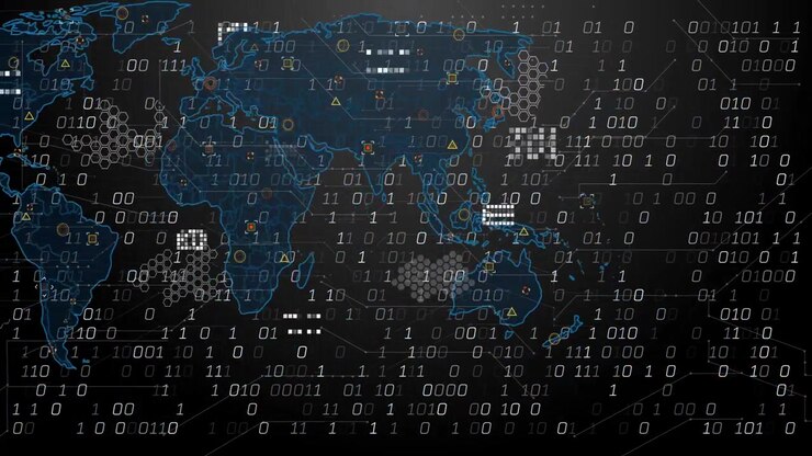 Digital World Map with Binary Code and Data Network Overlay