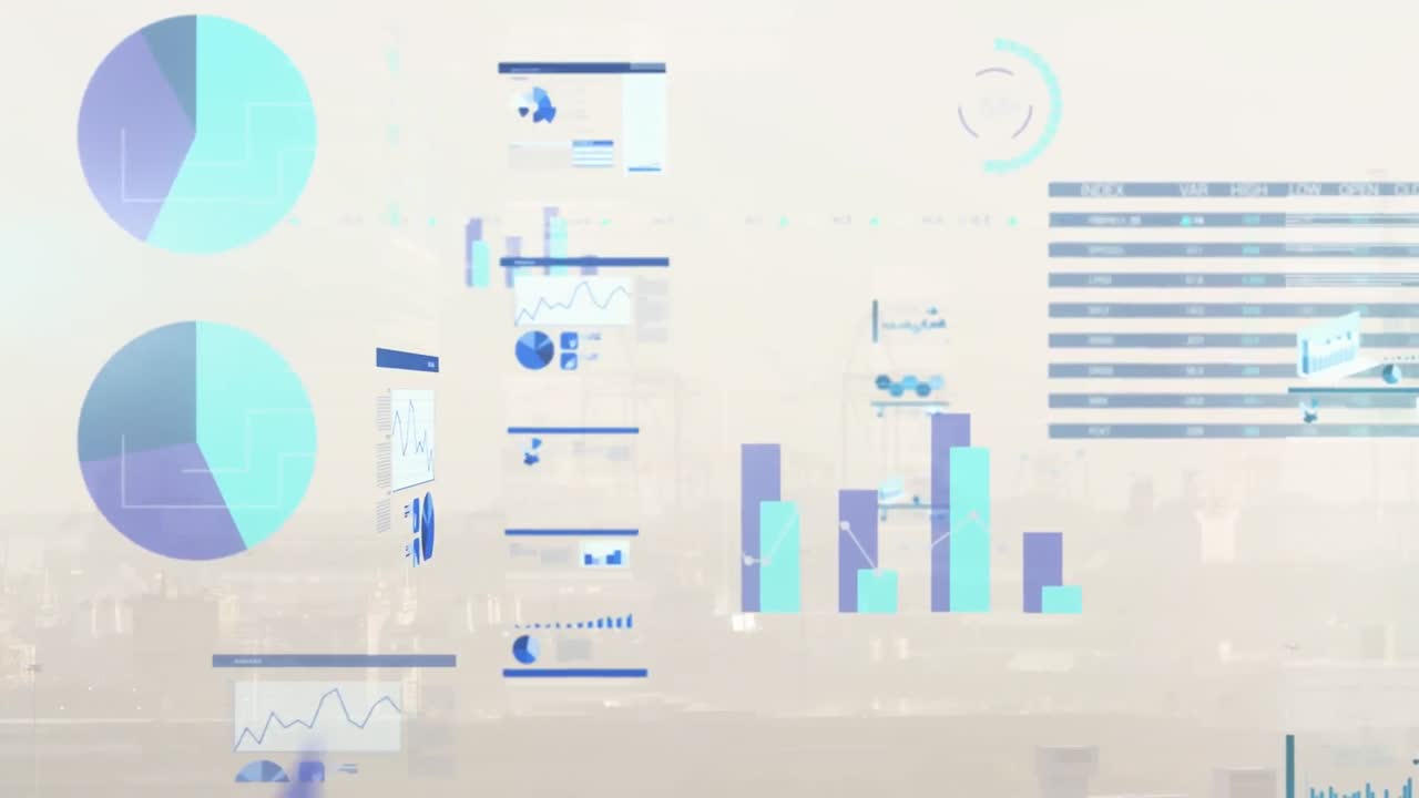 도시 풍경의 공중 전망에 대한 통계 데이터 처리와 함께 화면의 애니메이션