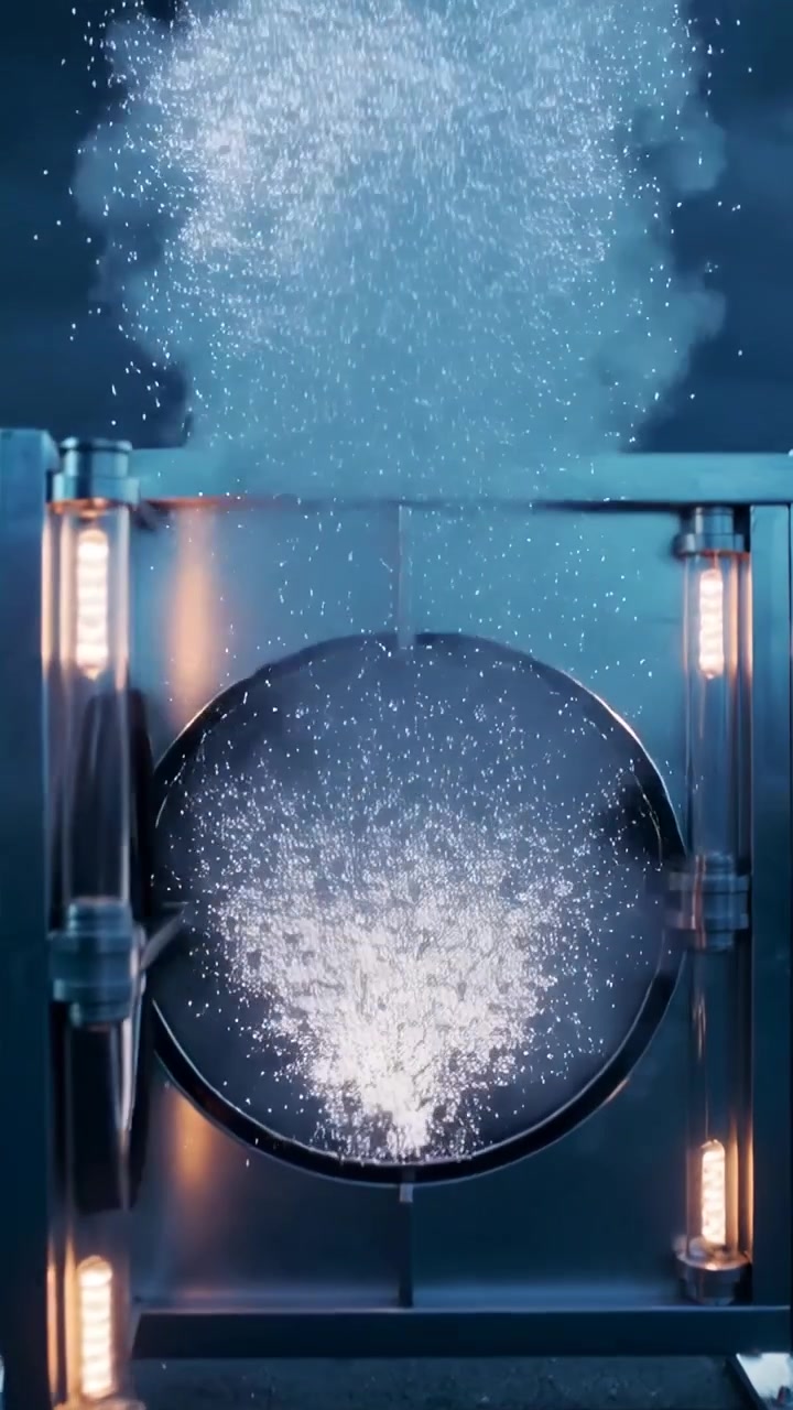 Video verticale: Camera che erutta e sputa particelle all'apertura della porta in uno studio blu con filamenti