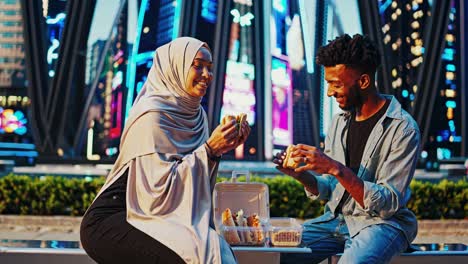 couple eating sandwiches in a city at night