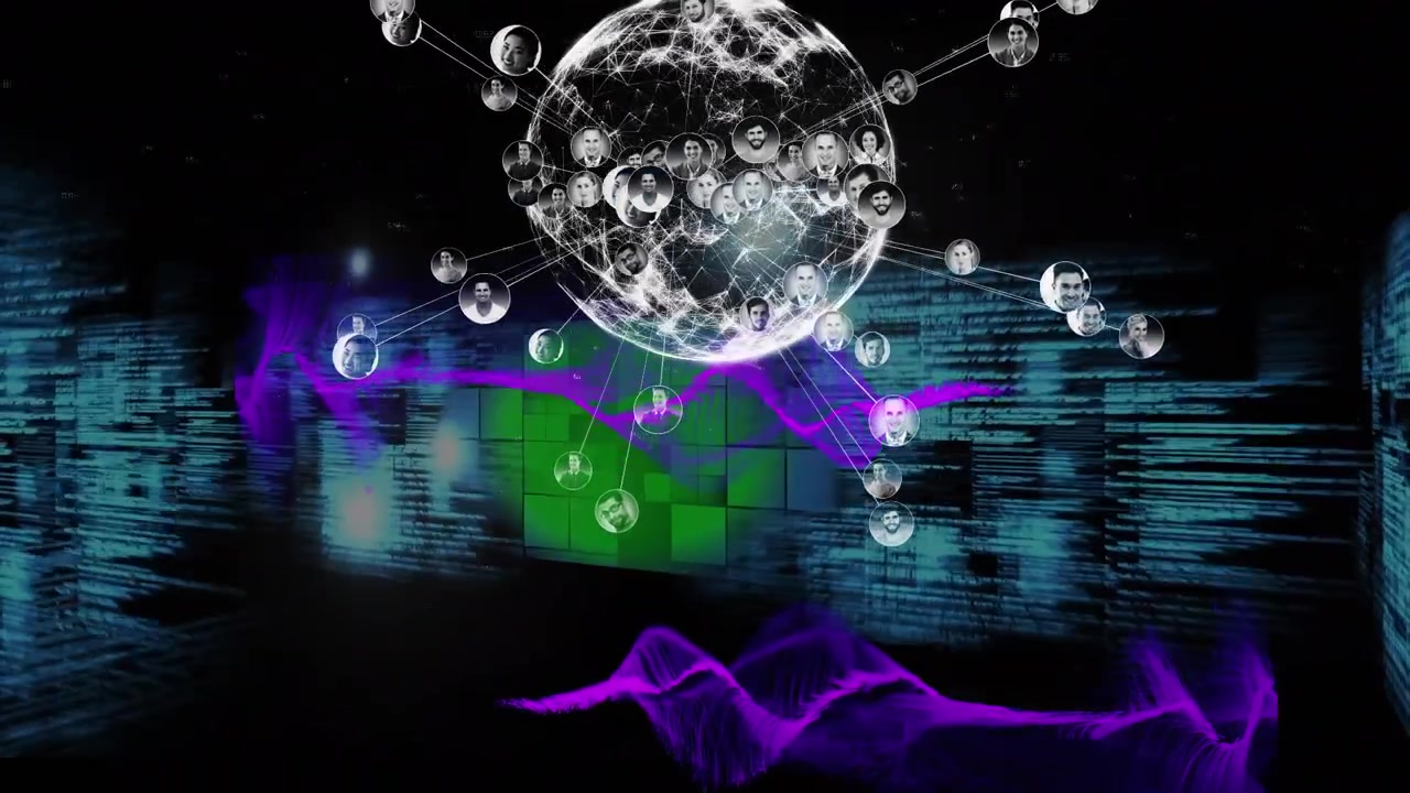 Animation of data processing over globe on dark background