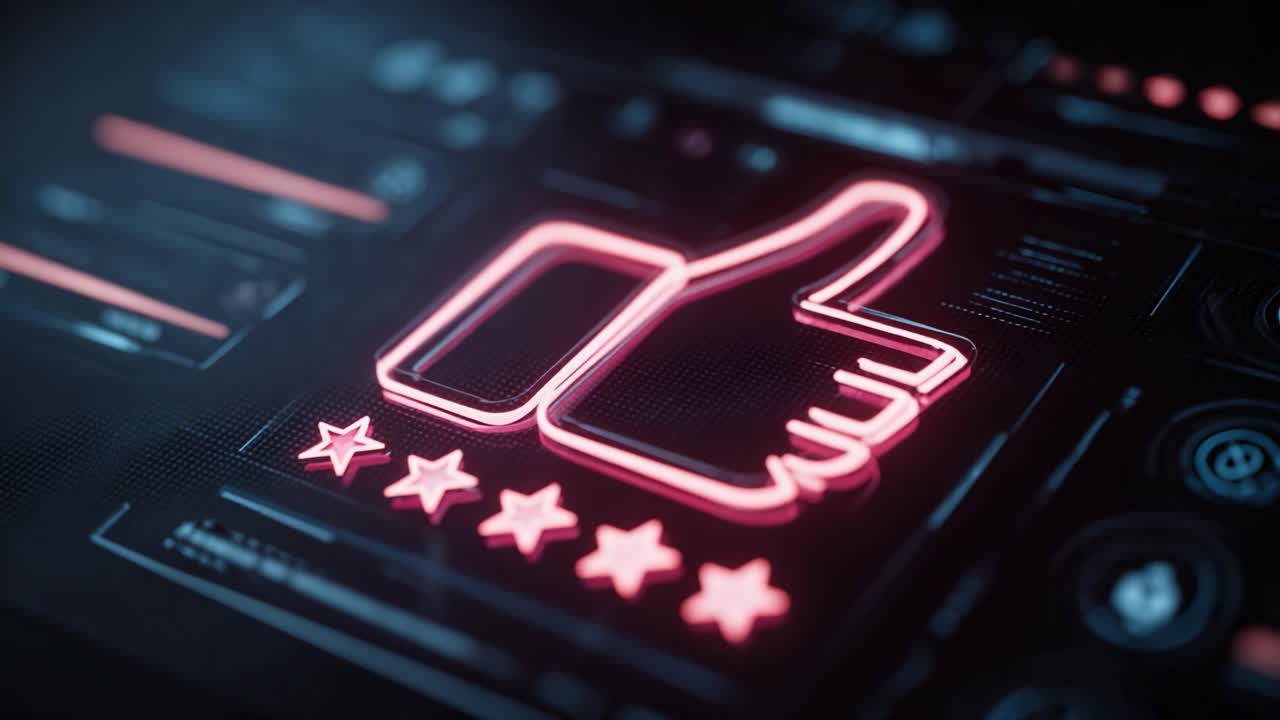 A Bold Neon Thumb-Up Icon Emphasizing Positive Feedback with Five Stars Displayed Against a High-Tech Background in a Digital Interface Setting