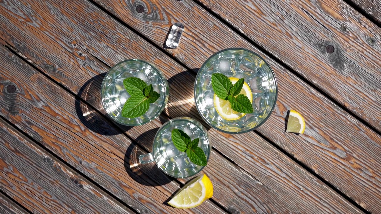 Acqua rinfrescante con menta e limone su un tavolo di legno