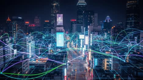 a stunning nighttime cityscape illuminated by digital light trails, showcasing the fusion of urban life with advanced connectivity and technology