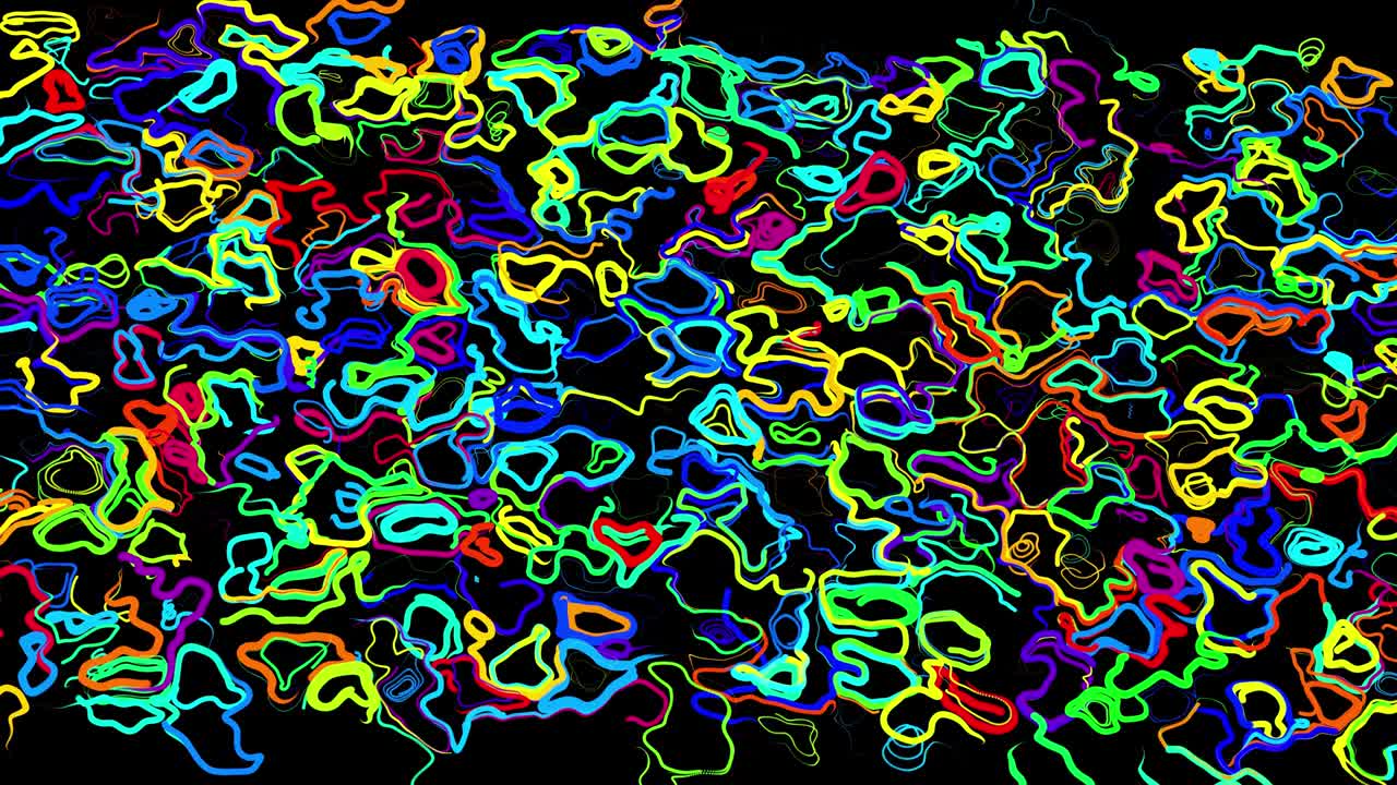 Abstract creative looped bg with curled lines like trails of different colors. Lines form swirling pattern like curle noise. Abstract 3d looping flowing animation as bright creative festive background