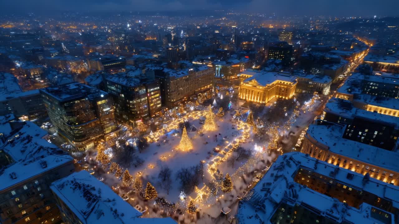Aerial View of a Vibrant, Winter Wonderland Illuminated at Night, Showcasing Sparkling Holiday Lights, Festive Decorations, Snow-Covered Trees, and Crowds Enjoying the Magical Ambiance During the Winter Season