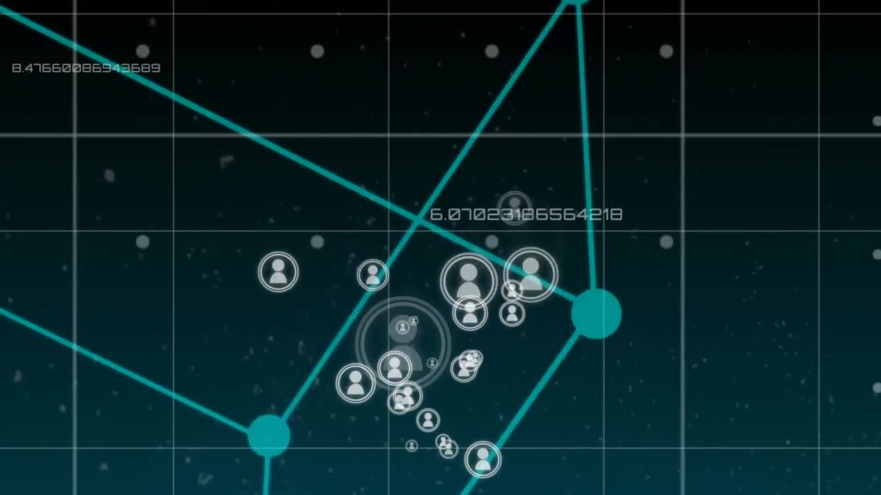 animación de la red de conexiones con personas iconos y procesamiento de datos
