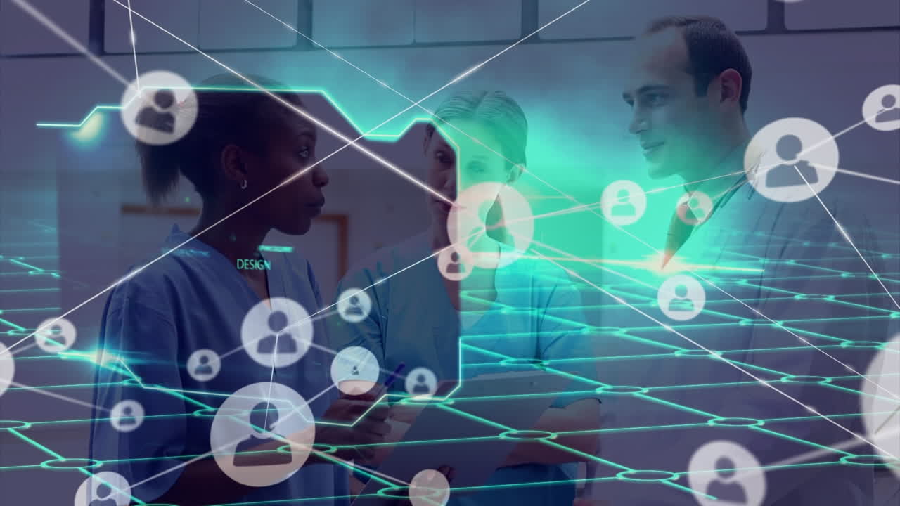 animación de la red de conexiones con iconos sobre diversos médicos