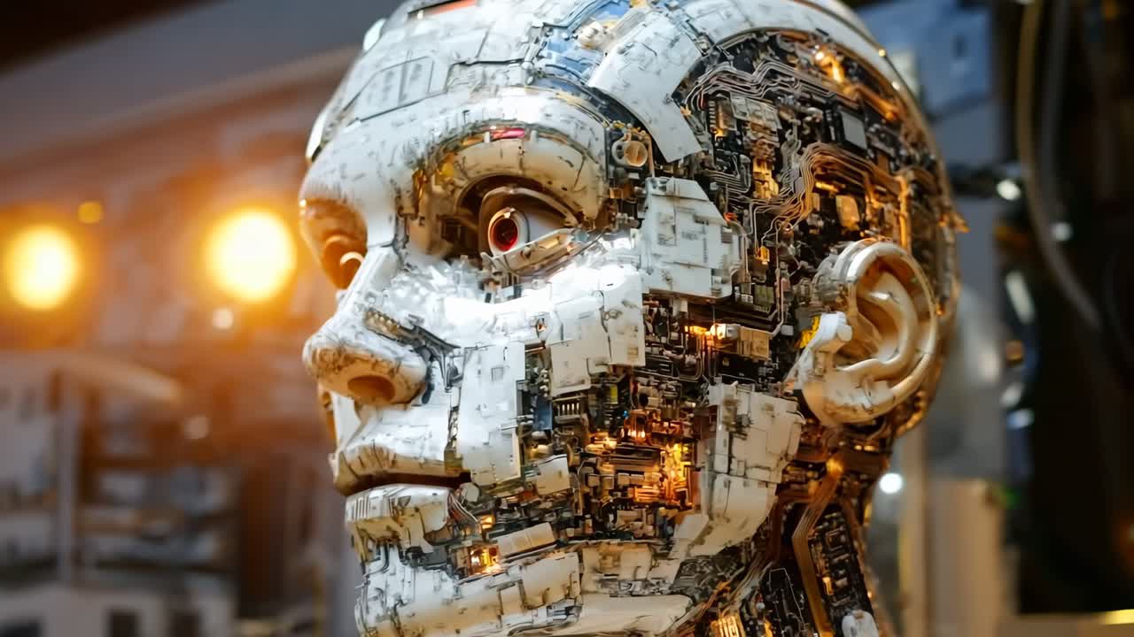 un primer plano de una cabeza de robot hecha de componentes electrónicos