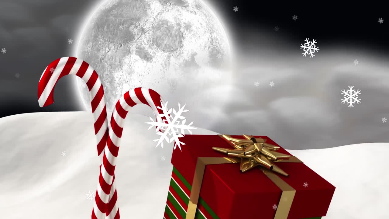 animación de copos de nieve de navidad cayendo sobre el paisaje de invierno presente en la noche