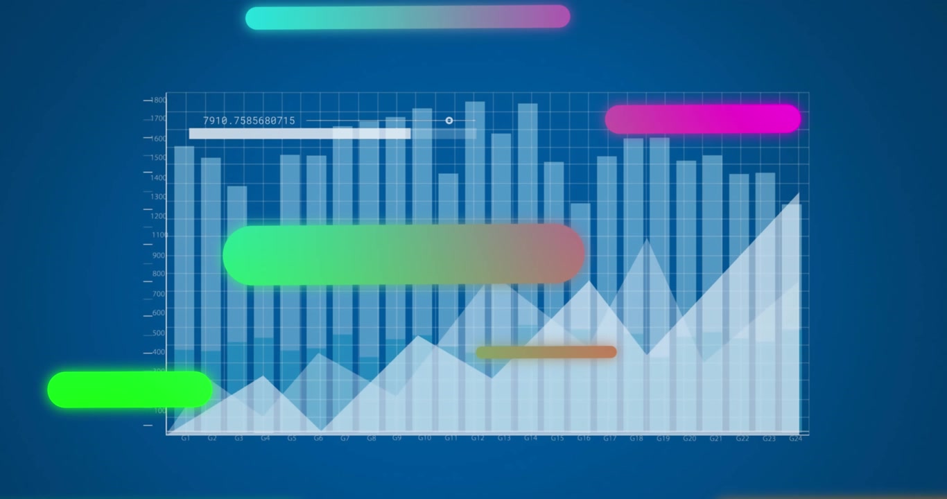 Animation of multicolored abstract pattern over graphs and loading bar against blue background