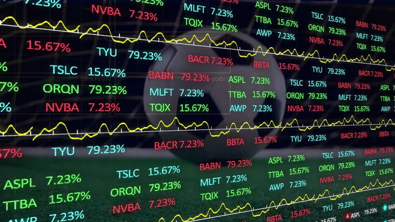 Schermo di mercato che monitora l'andamento del mercato, con ticker in rialzo e sparkline crescente, e il riflesso di una persona che si muove.