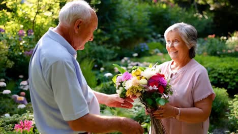 senior couple sharing flowers in garden