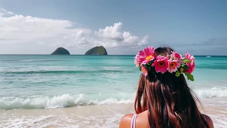 woman with flower crown on a tropical beach