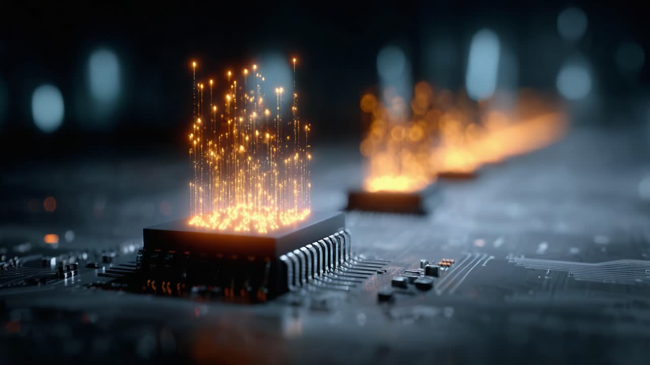 Illuminated Data Streams Emanating from Microchips, Featuring a Futuristic Aesthetic Highlighting the Intricate Design of Digital Circuits and Light Effects