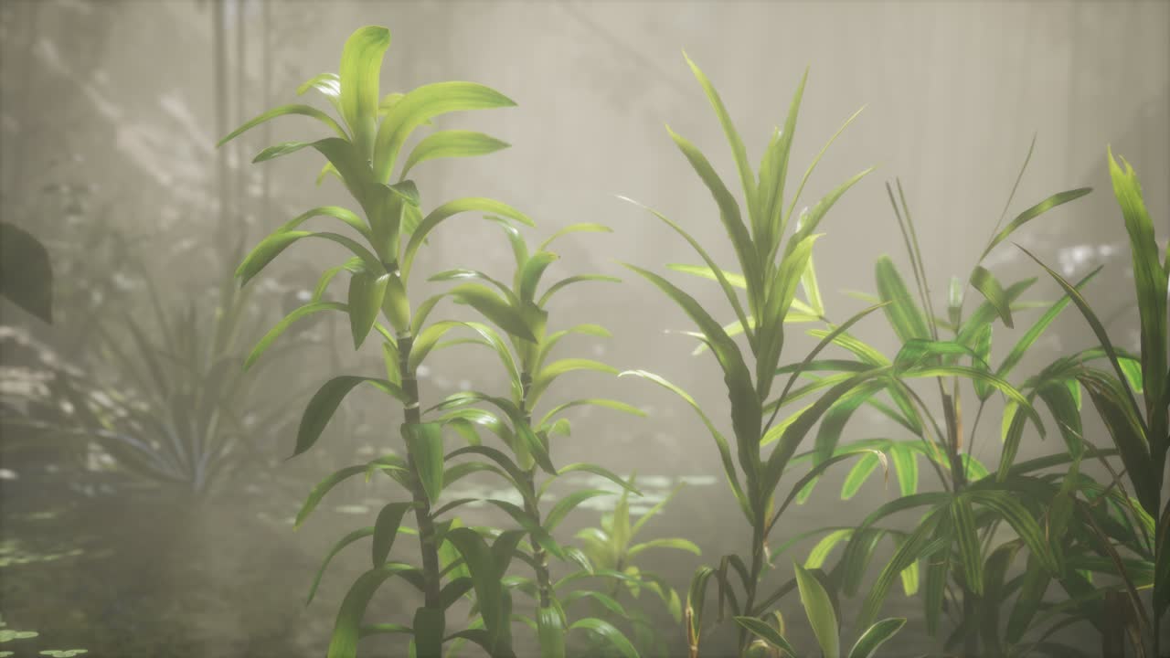 el sol brillando a través de los árboles y la niebla en un río tropical