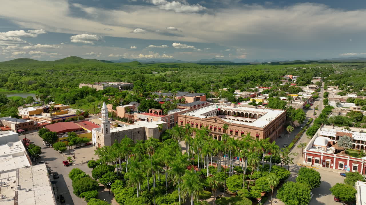 Aerial view of the baroque, palace and park in sunny El Fuerte, Sinaloa, Mexico