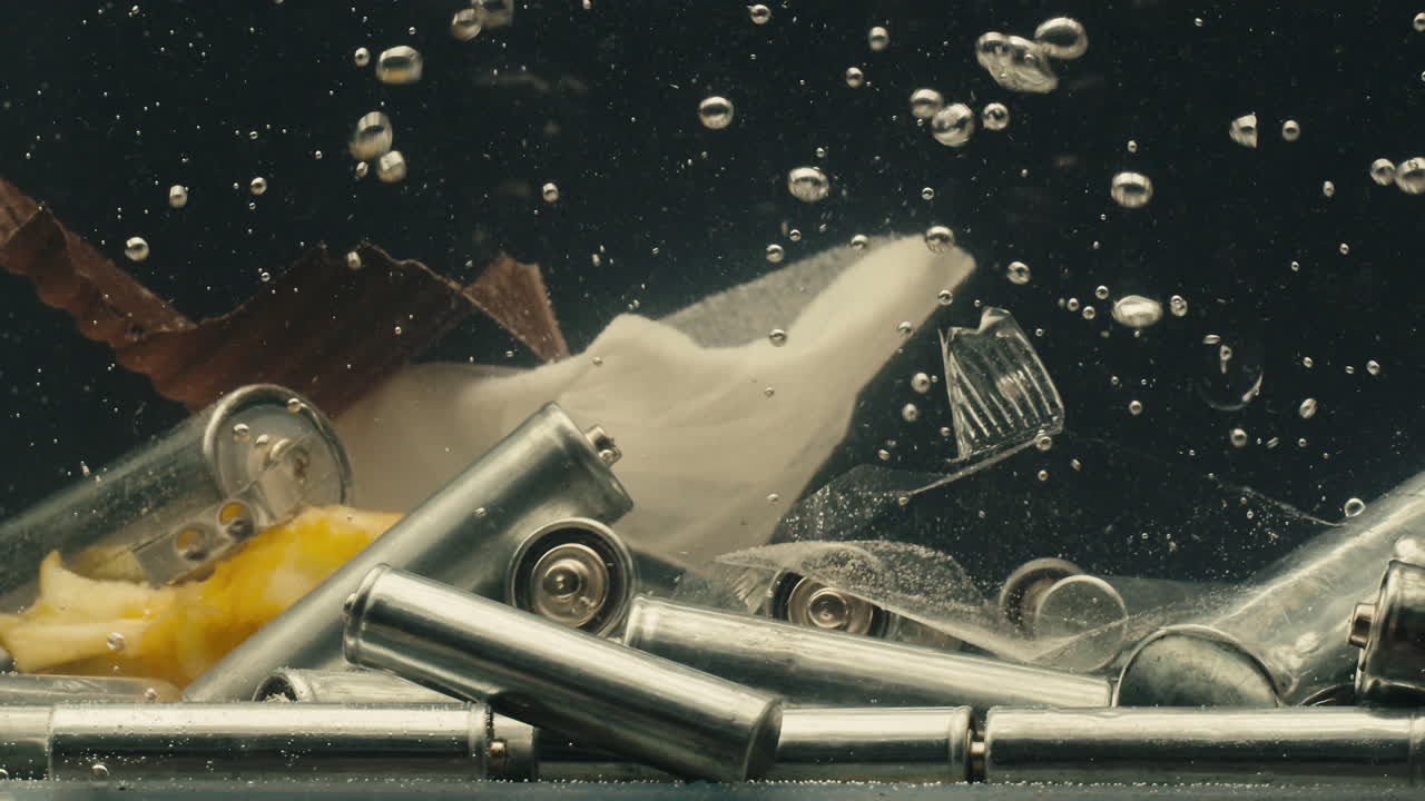 Silver batteries AA and AAA falling into water with garbage close-up. Double-A battery is a standard size single cell cylindrical dry battery. Batteries are common in portable electronic devices. Environmental impacts of lithium-ion batteries concept. An AA battery is composed of a single electroche