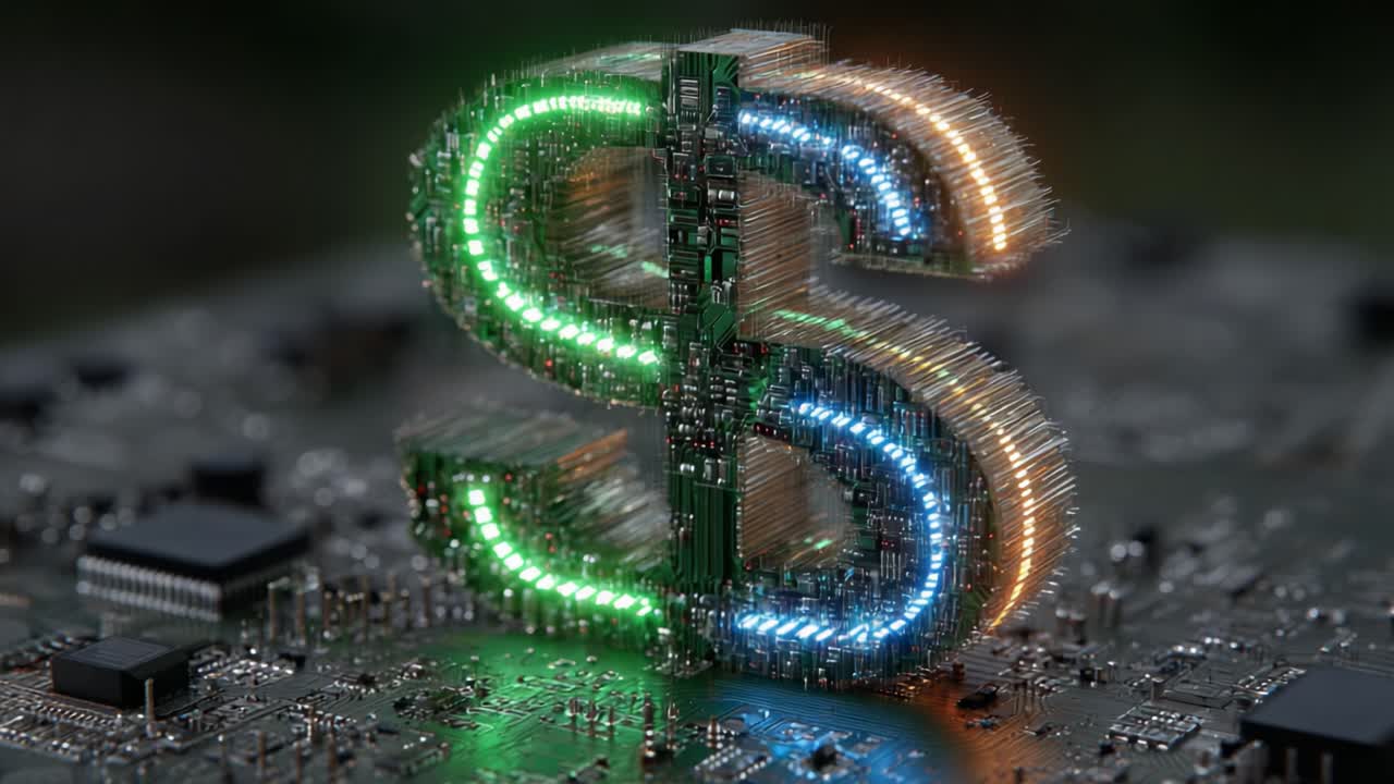 A Glowing Digital Dollar Sign Highlighting the Intersection of Technology and Currency on a Circuit Board Background, Representing Modern Finance and Innovation