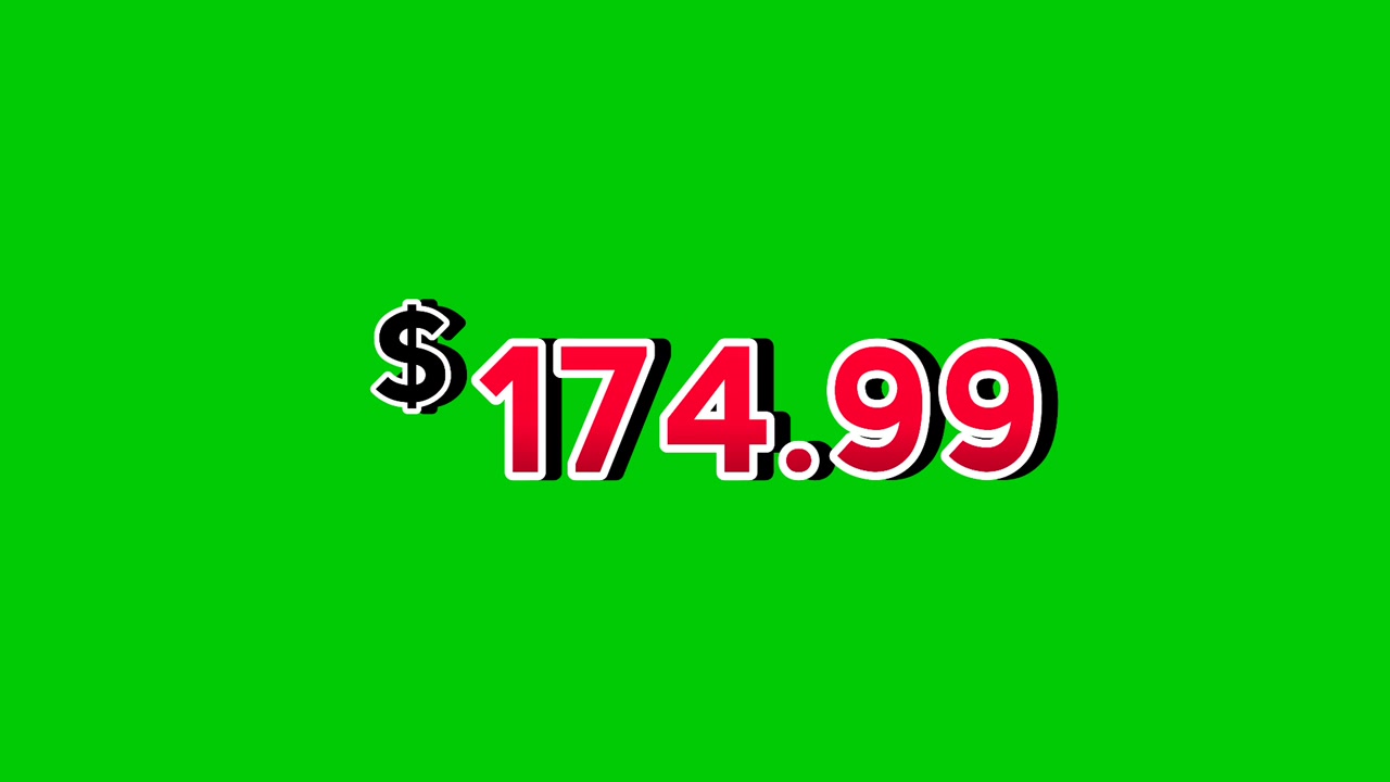 Animation red $174.99 dollars price tag motion graphics with smoke effects on green screen background. Perfect for ads, e-commerce, retail, discounts, and promo videos business concept video element
