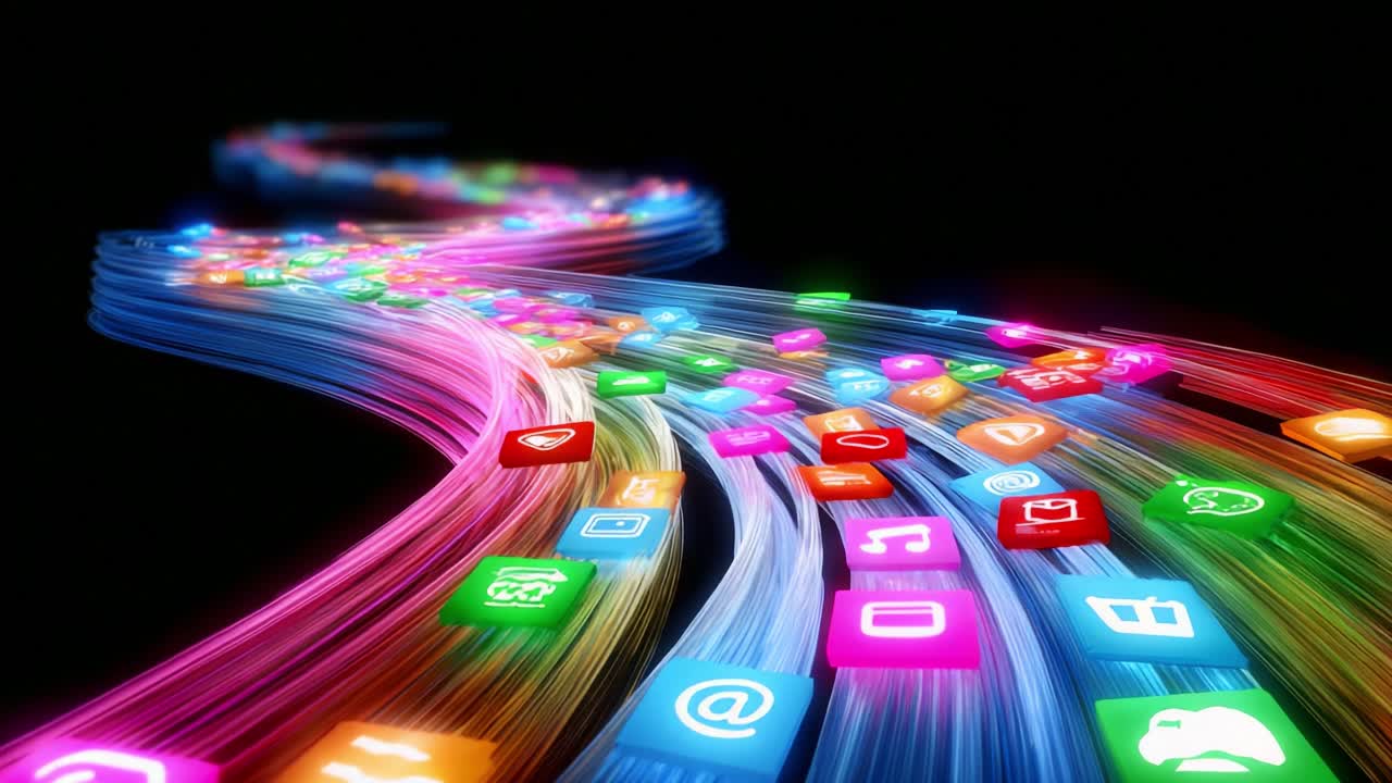 A Vibrant Flow of Colorful Digital Icons Representing Various Applications and Features, Creating a Dynamic Visual Journey Along a Curved Path with Bright Lights Against a Dark Background