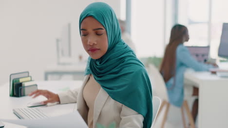 Muslim,-business-woman-and-typing-on-computer